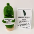 Handcrafted crochet pickle doll emotional support cute knitted cucumber ornament with wooden base. - No.1 Cucumber + Large Card + Base