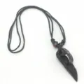 Retro punk style raven bird skull resin pendant necklace with black cord and wooden beads. - Black