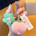Handgemachte gehäkelte Pfirsich Schlüsselanhänger süße Blumen Tasche Auto Zubehör Geschenk - Stahldrahtring-Modell - Pfirsich (Herzgewinner)