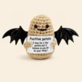 Handmade crochet potato doll with bat wings and inspiring sign, cute desktop ornament. - Halloween Potato with P Card