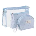 Set di tre trousse per cosmetici trasparenti e impermeabili con bellissimo motivo ancora. - Celeste