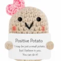 Handmade crochet potato doll pendant with cute pink bow and positive message card. - German Bow Potato