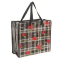 Bolso de compras de cuadros negros con rosas rojas de gran capacidad, bolsa de almacenamiento tejida. - Cuadros negros con flores rojas