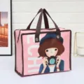 Bolsa de almacenamiento plegable rosa con lindo diseño de niña de dibujos animados, bolso. - Chica con cámara / 30x23x14cm