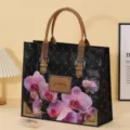 Bolso tote impermeable de tejido PP con elegante estampado de orquídeas rosas. - L / Flor con asa caqui (grande)