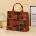 Bolso tote de compras impermeable tejido de PP elegante bolso de mano patchwork duradero - L / Cuadros con asa marrón (grande)