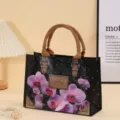 Bolso tote de tejido PP con estampado de orquídeas moradas, bolsa de compras, variante. - Flor con asa caqui (pequeña)