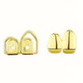 Detail view of gold hip-hop grillz teeth caps, featuring star cutout and smooth solid designs. - Hollow Top Teeth / Gold