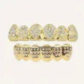 Poker teeth grills with sparkling cubic zirconia, hip hop rapper jewelry for party festival - Gold Set