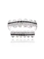 Detailed close-up of silver hip-hop grillz with sparkling black and white rhinestones and fangs. - Black and White Rhinestone Silver Grillz Set
