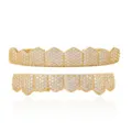 Gold Plated Iced Out Grillz Hip Hop Cubic Zirconia Tooth Cap Top Bottom Set Jewelry - Gold Set / Gold