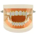Detail view of iced out gold grillz set with vampire fangs design, cubic zirconia hip hop teeth jewelry. - Set