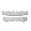 Close-up detail of iced-out hip hop grillz teeth, paved with sparkling cubic zirconia. - Silver Set / Silver