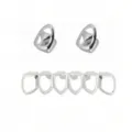 Close-up detail of silver hip hop grillz set featuring heart cutout caps and six tooth grill. - Silver Heart Set