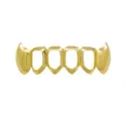 Closeup of gold hip hop grillz vampire fangs teeth cap, shiny cutout design for parties. - Gold Bottom