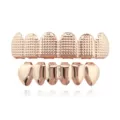 Rose gold hip hop grillz set, upper textured grid and lower smooth teeth caps for men and women. - Rose Gold Set