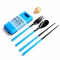 Draagbare ABS kunststof bestekset met opbergdoos, lepel, vork en stokjes voor op reis. - Blauw