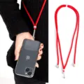 Laccetto per cellulare a tracolla rosso universale con gancio in metallo e tracolla regolabile. - Cordino per telefono con patch trasparente