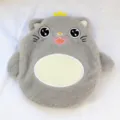 Grey plush cat hot water bag cover with cute crown design, soft fleece hand warmer. - Crown Cat
