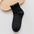 Nahaufnahme von schwarzen Rüschen-JK-Kurzsocken, ideal für Loafer und süße Alltags-Outfits. - Einheitsgröße / Schwarz