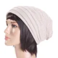 Beige knitted slouchy beanie hat for men and women, warm winter ski outdoor knit cap. - One Size / Beige