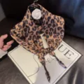 Leopard print satin neck scarf with chic white camellia flower detail for stylish women. - Khaki Leopard
