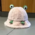 Cute pink plush bucket hat with frog eyes, thick warm winter fuzzy fisherman hat for women. - Beige