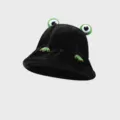 Black Plush Frog Bucket Hat Cute Winter Warm Fisherman Cap Casual Japanese Style Hat - Black