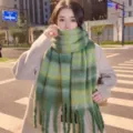 Winter green gradient mohair scarf for women, thick warm plush tassel cashmere feel neckerchief - Striped-Green