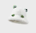 Plush Frog Bucket Hat Milk White Cute Winter Warm Fluffy Fisherman Hat for Women - White
