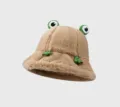 Cute plush frog bucket hat for women, thick warm winter Japanese cartoon fisherman hat SKU. - Khaki