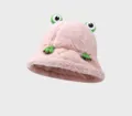Cute plush frog bucket hat for women, thick autumn and winter warm basin cap in pink. - Pink