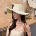 Summer women pearl straw hat wide brim fringe flat top sun hat beach vacation woven cap - M (56-58cm) / Pearl Straw Hat in Beige