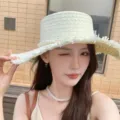Women summer flat top straw hat with pearl and fringe wide brim beach sun hat chic style - M (56-58cm) / Pearl Straw Hat in White