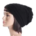 Black knitted slouchy beanie for men and women, winter warm ski cap outdoor solid color. - One Size / Black