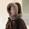 Faux suede winter hooded scarf, thick plush thermal hat for women cycling and cold weather. - M (56-58cm) / Black