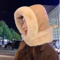 Suede plush warm balaclava hood detail view, windproof winter hat scarf combo. - M (56-58cm) / Khaki