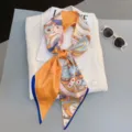 Yellow long silk scarf with clock gear pattern, versatile ribbon bow hair band and neckerchief. - Style 4