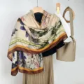 Vintage Chinese style bamboo print cotton linen scarf detail showing elegant floral patterns. - Khaki Fern Pattern