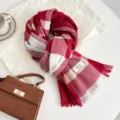 Korean winter cozy plaid imitation cashmere scarf stylish warm fringed tassel shawl for women - Wine Red