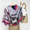 Vintage Chinese ink bamboo print cotton linen scarf detailed shot women warm shawl wrap - Purple Fern Pattern