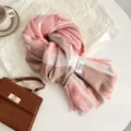 Korean winter warm plaid cashmere-feel scarf, chic pink and brown color block design tassel fringe. - Watermelon red
