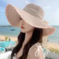 Women summer wide brim straw hat with bow, stylish beach sun protection hat for outdoor travel. - Adjustable / Pink