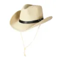 Summer straw cowboy hat beige with black band and chin strap beach sun protection - M (56-58cm) / Beige