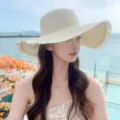 Women summer wide brim straw hat beach sun protection outdoor vacation casual straw cap - Adjustable / Creamy White
