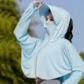 Women ice silk sun protection clothing hooded jacket light blue outdoor uv resistant - Letter F / Blue