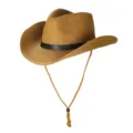 Brown straw cowboy hat summer sun beach hat with black band and adjustable chin cord - M (56-58cm) / Khaki