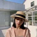 Summer straw boater hat for women, flat top sunhat with black ribbon, beach woven hat. - M (56-58cm) / Black Small Brim