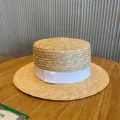 Women's raffia straw hat summer sun protection flat top boater hat for beach vacation travel. - M (56-58cm) / White Small Brim