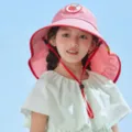 Kids pink wide brim sun hat with adjustable strap and breathable mesh, cute summer UV protection. - One Size for 2-10 Years / Apple / Pink